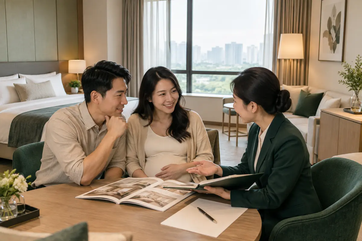 广州月子中心套餐费用咨询示意图，家属与服务人员在客房旁沟通入住方案